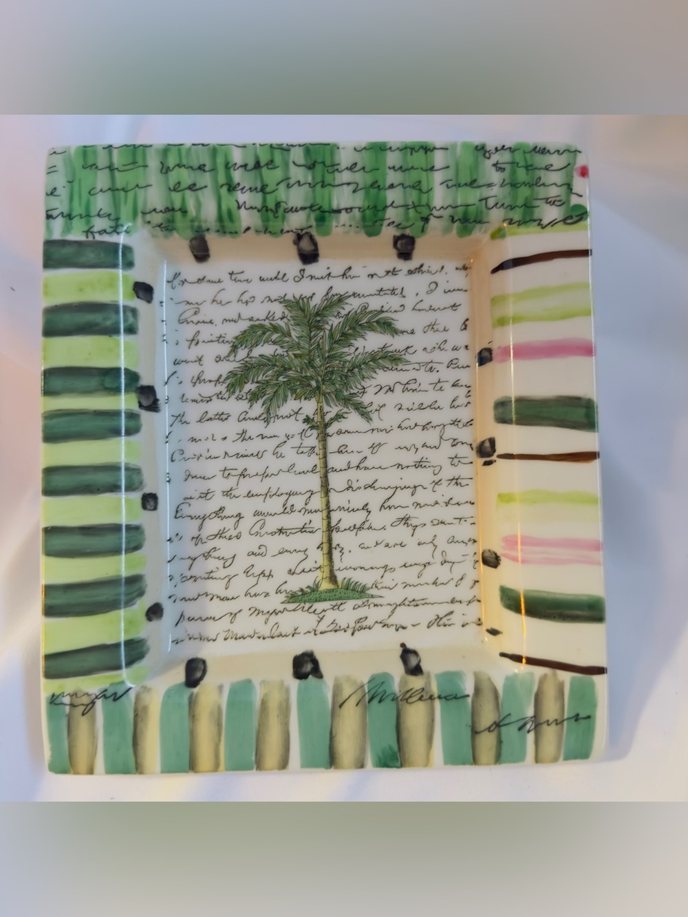 John Derian Tropical Palm Tree Square Tray Dish USA Signed Stoneware Platter